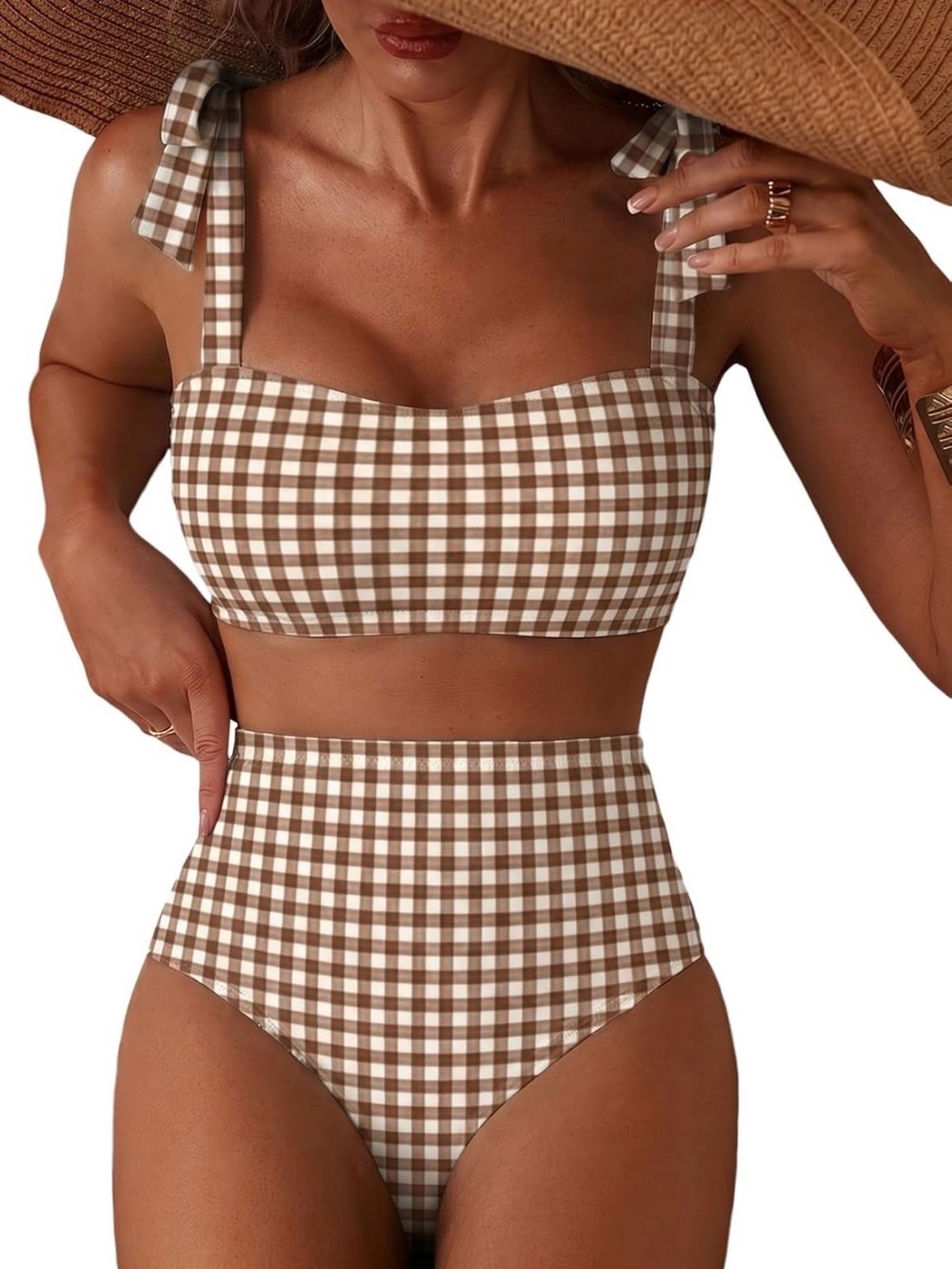 Gingham High-Waist Bikini Set - Brown/White